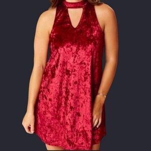 Red Crushed Velvet Velour Sleeveless Mini Dress – Keyhole V-Neck, Size Medium